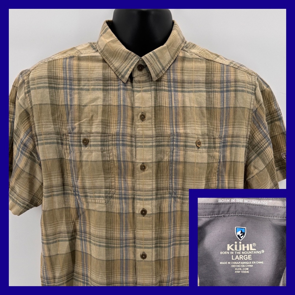 KUHL Mens‎ Large Plaid Button Up Short Sleeve Casual Outdoor Shirt Hiking travel
